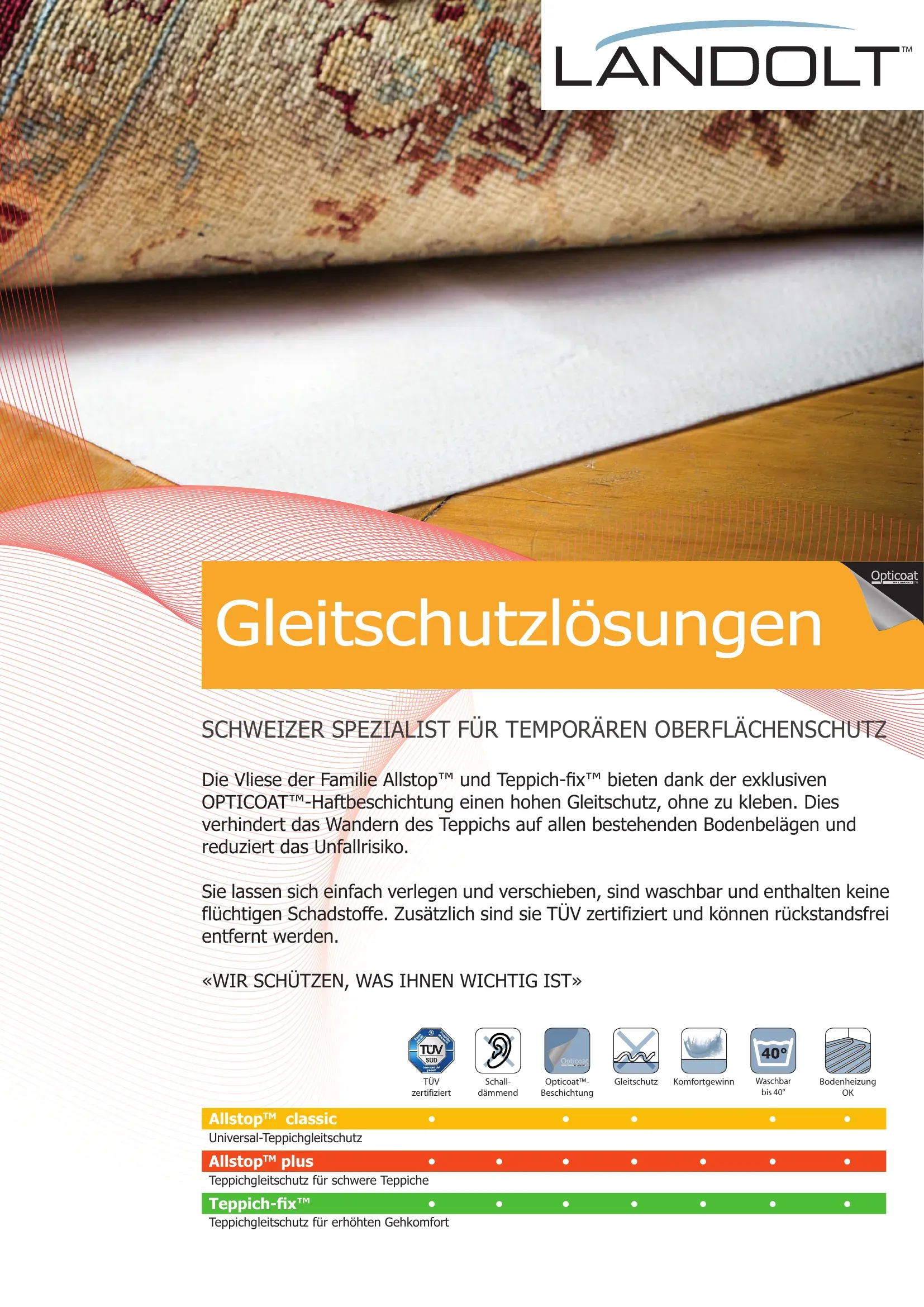 LANDOLT Gleitschutzlösungen – Übersicht der Vliese Allstop classic, Allstop plus und Teppich-fix mit Eigenschaften wie TÜV-zertifiziert, schalldämmend und waschbar bis 40 °C