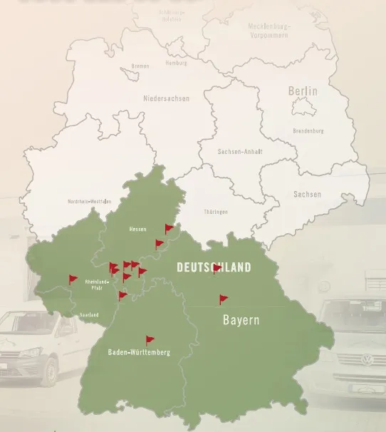 Servicegebiet: Hessen, Rheinland-Pfalz, Saarland, Baden-Württemberg, Bayern und das Münsterland