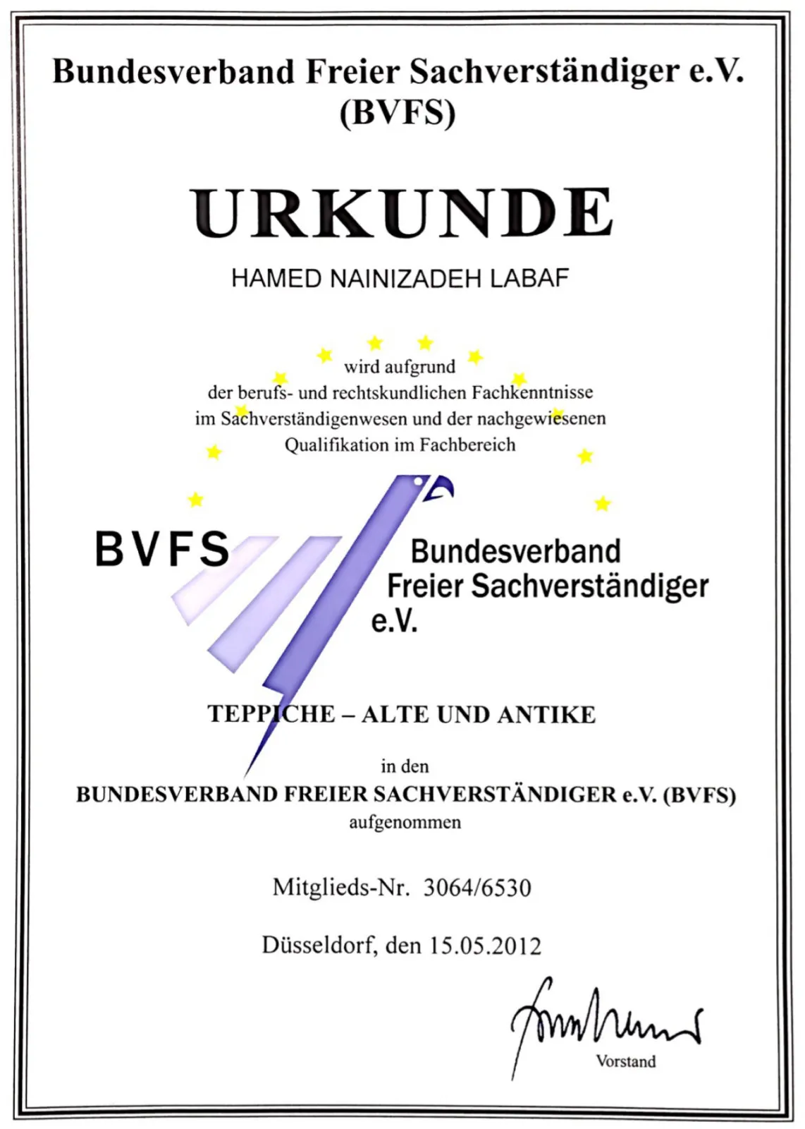 Urkunde Bundesverband Freier Sachverständiger e.V. – Hamed Nainizadeh Labaf, Fachbereich Teppiche